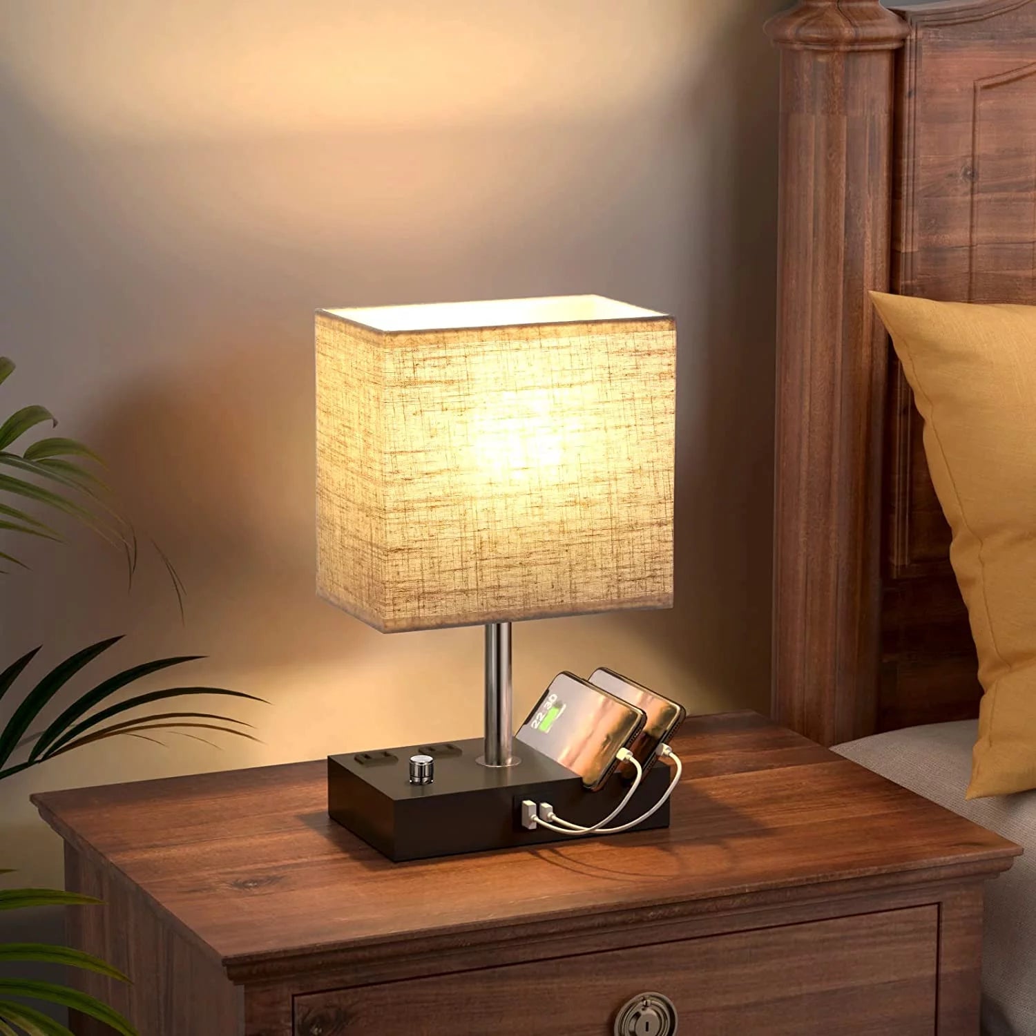Lámpara De Mesa De Noche Para Dormitorio Con Puertos De Carga USB Rápida Dual, Lámparas De Mesita De Noche Totalmente Regulables Con 2 Soportes Para Teléfono Y 2 Tomas De Carga, Lámpara De Escritorio Con Pantalla De Tela Para Sala De Estar