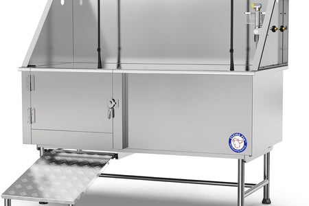 Flying Pig 62" Stainless Steel Pet Dog Grooming Bath Tub with Walk-In Ramp & Accessories (Left Door/Right Drain)