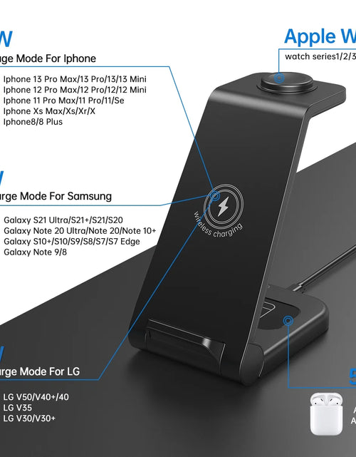 Load image into Gallery viewer, Fast Wireless Charger Station, 23W Wireless Charging Stand for Iphone 16/15/14/13/13 Pro/ 12/12 Pro/11/Xs Max/Xr/X/Galaxy S23 S22 S21 S10, Charging Station for Airpods 4/3/2/Pro, Iwatch Series
