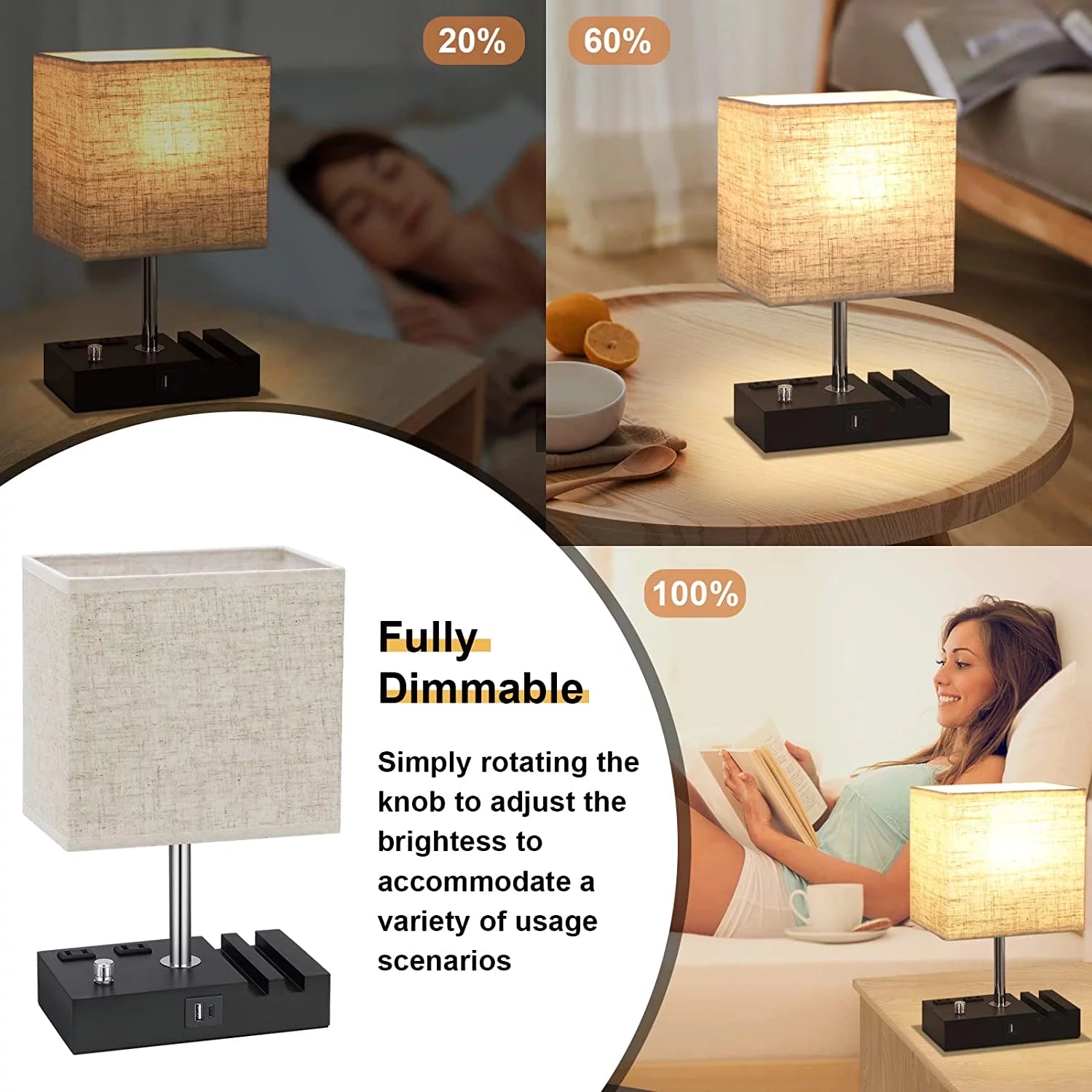 Lámpara De Mesa De Noche Para Dormitorio Con Puertos De Carga USB Rápida Dual, Lámparas De Mesita De Noche Totalmente Regulables Con 2 Soportes Para Teléfono Y 2 Tomas De Carga, Lámpara De Escritorio Con Pantalla De Tela Para Sala De Estar