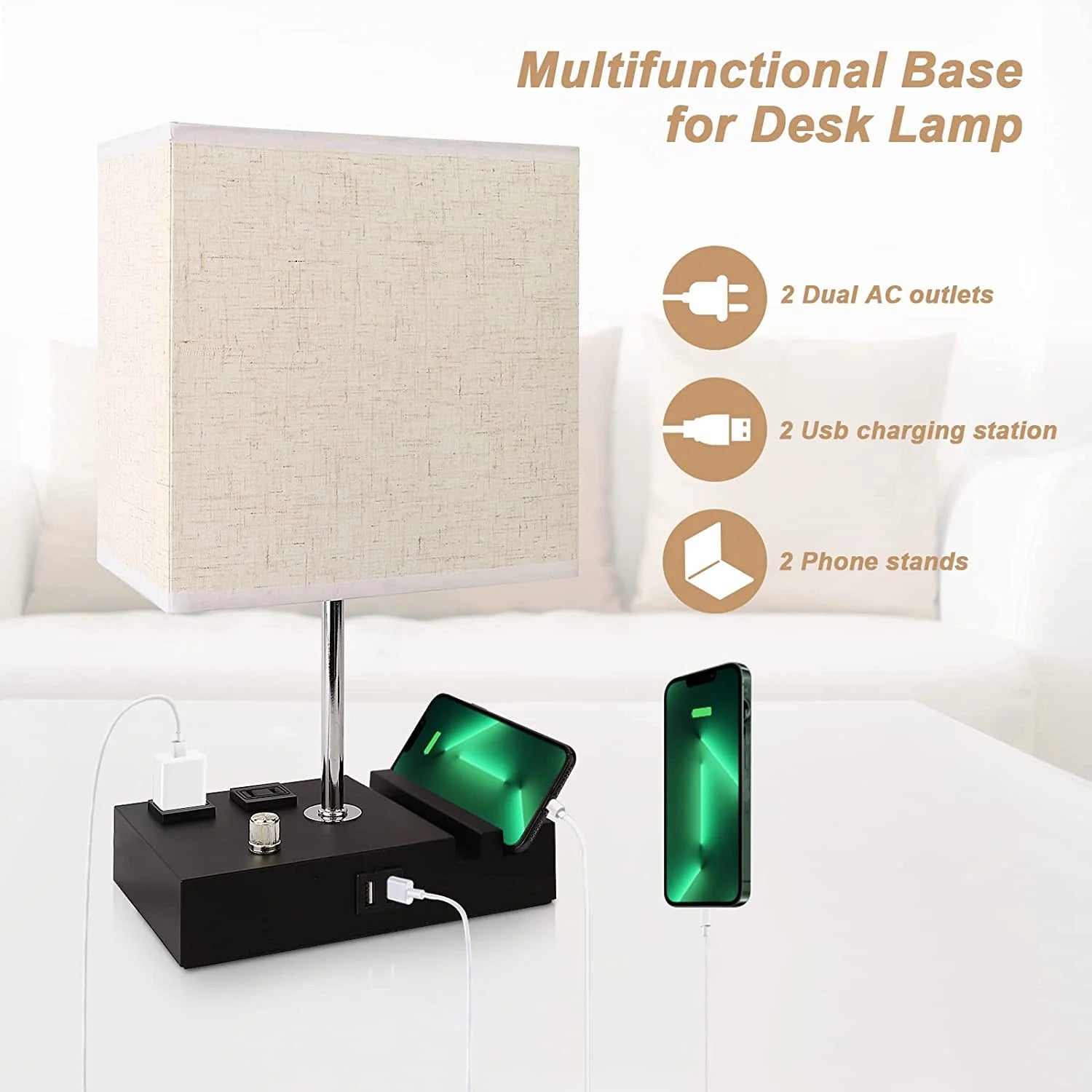 Lámpara De Mesa De Noche Para Dormitorio Con Puertos De Carga USB Rápida Dual, Lámparas De Mesita De Noche Totalmente Regulables Con 2 Soportes Para Teléfono Y 2 Tomas De Carga, Lámpara De Escritorio Con Pantalla De Tela Para Sala De Estar