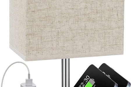 Lámpara De Mesa De Noche Para Dormitorio Con Puertos De Carga USB Rápida Dual, Lámparas De Mesita De Noche Totalmente Regulables Con 2 Soportes Para Teléfono Y 2 Tomas De Carga, Lámpara De Escritorio Con Pantalla De Tela Para Sala De Estar