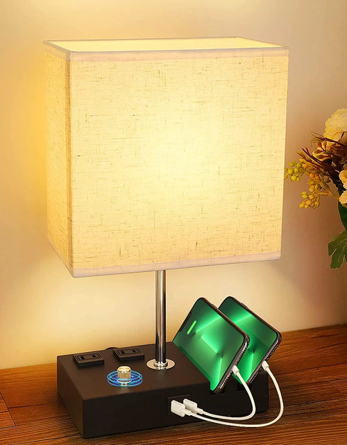 Load image into Gallery viewer, Lámpara De Mesa De Noche Para Dormitorio Con Puertos De Carga USB Rápida Dual, Lámparas De Mesita De Noche Totalmente Regulables Con 2 Soportes Para Teléfono Y 2 Tomas De Carga, Lámpara De Escritorio Con Pantalla De Tela Para Sala De Estar
