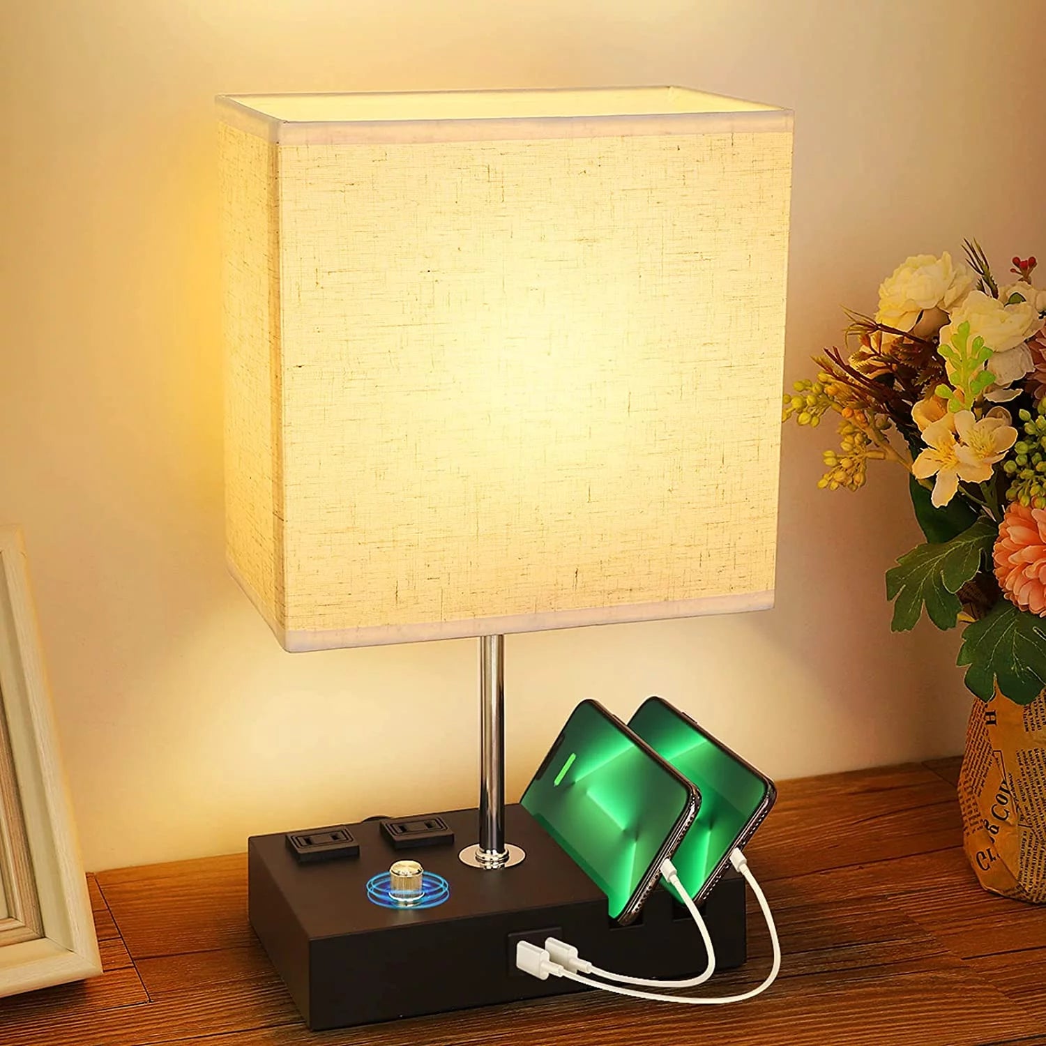 Lámpara De Mesa De Noche Para Dormitorio Con Puertos De Carga USB Rápida Dual, Lámparas De Mesita De Noche Totalmente Regulables Con 2 Soportes Para Teléfono Y 2 Tomas De Carga, Lámpara De Escritorio Con Pantalla De Tela Para Sala De Estar